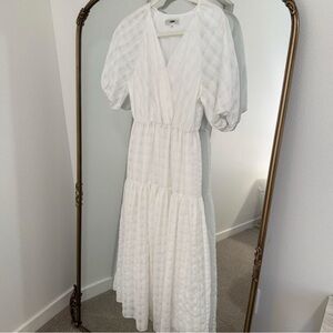 J.ING White Puff Sleeve V-Neck Midi Sundress